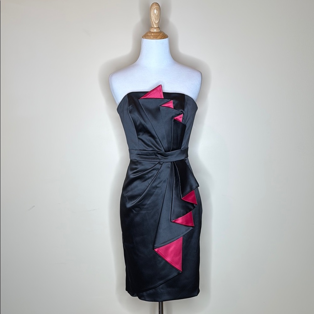 White House Black Market Asymmetrical Ruffled Black and Pink Cocktail Dress